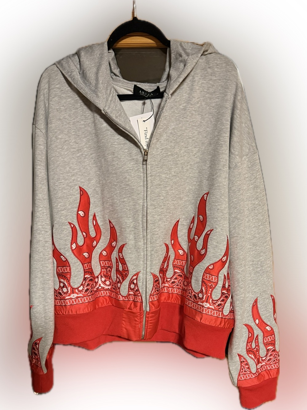 AKIRA heather gray zip-up hoodie Red bandana flame oversized streetwear XL NWT